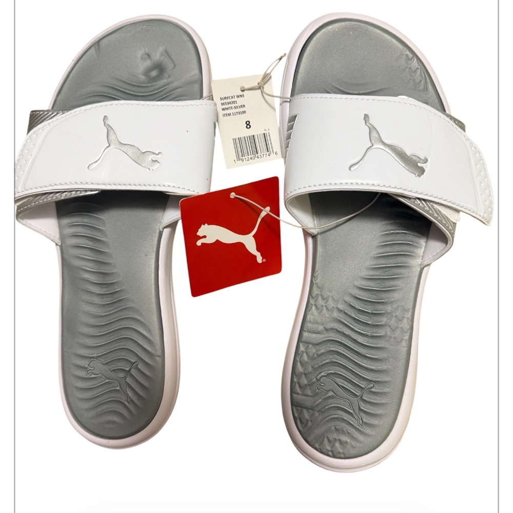 Puma Men’s White and Gray Slide Sandals with Silver Logo